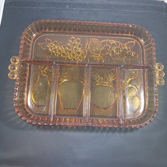 Vintage Indiana Glass Co. Serving Tray of Amber Glass/Fruit Sectional Platter - Picture 7 of 7